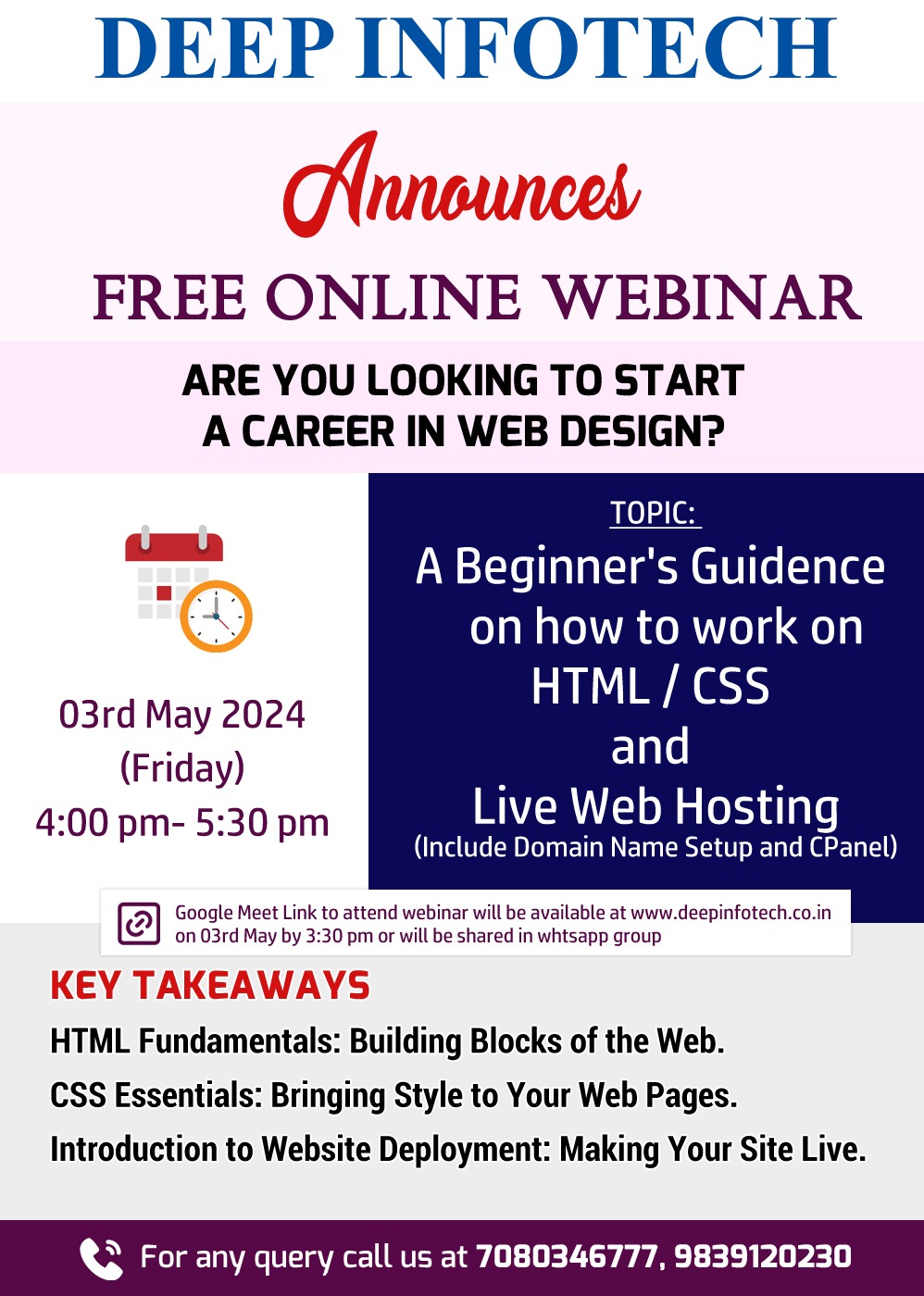 Deep Infotech Free Online Webinar Registration How to work on HTML / CSS and Live Web Hosting